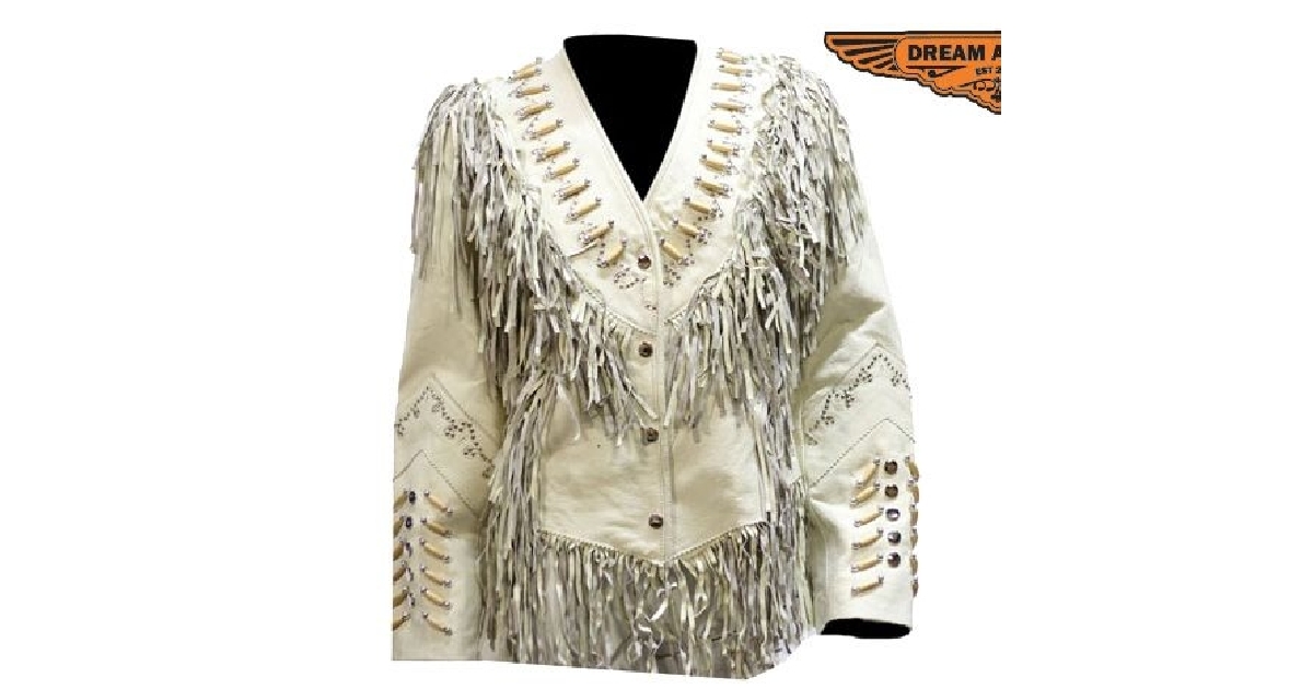 Women's Off White Leather Jacket With Beads, Studs, Bone & Fringe With Snaps